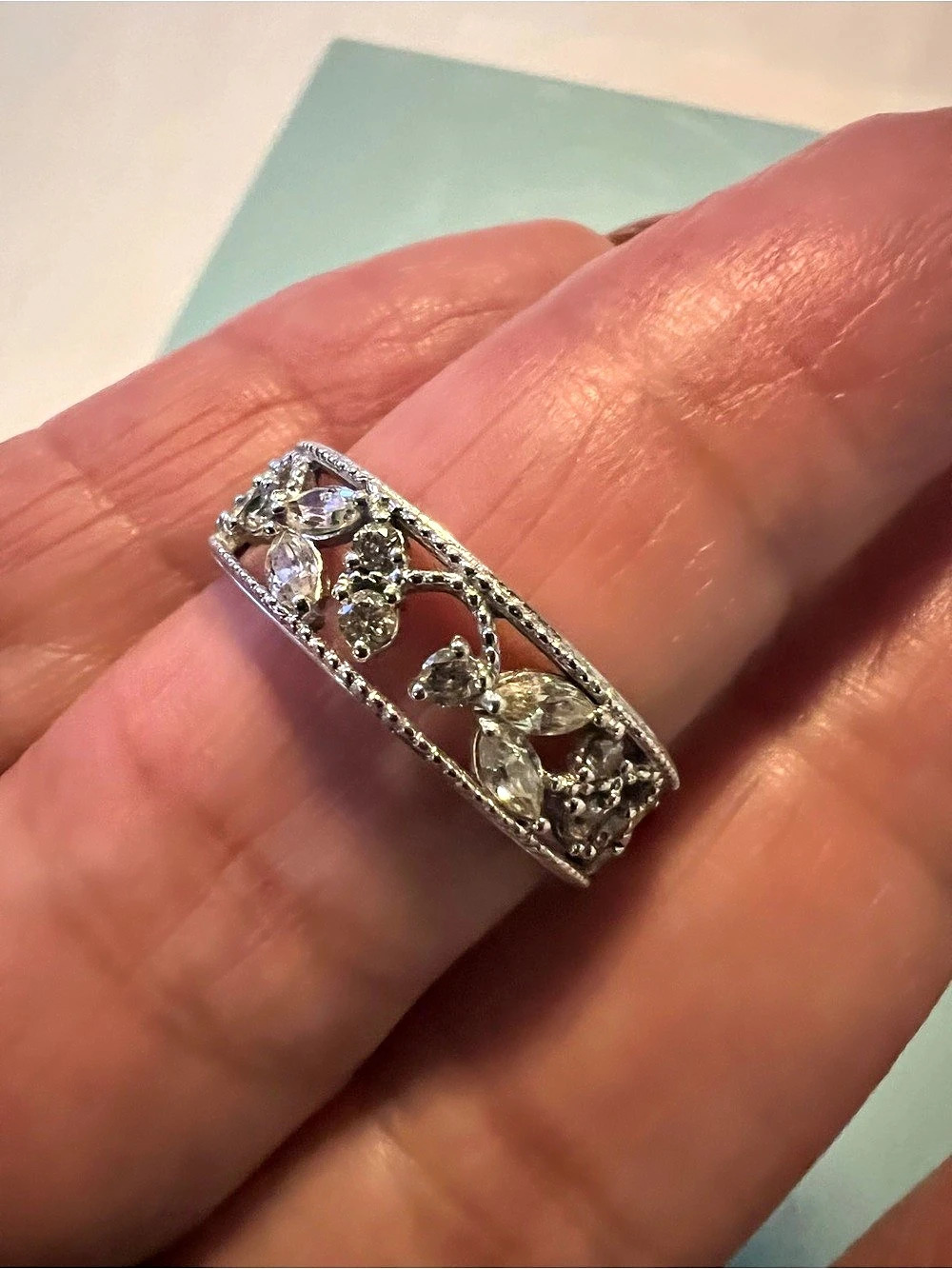 Signed CZ 925 Silver Floral Openwork Ring Like New